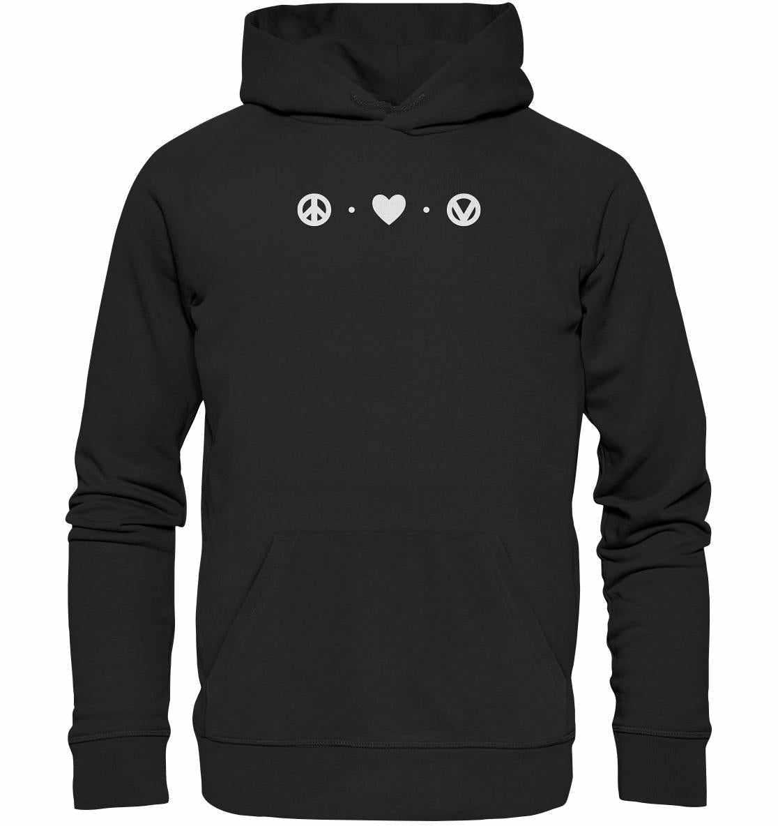 Vegan und Bio Hoodie: Peace - Love - Veganism mit weißem Peace- und Herzsymbol auf schwarzem Stoff, Kapuze, Kängurutasche aus Bio-Baumwolle und Recyclingmaterialien.