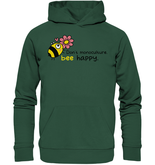 Vegan, Organic & Recycled Hoodie: Save the bees (bedruckt mit süßer Biene im Comic Stil, kleinem rosa Herz und Blume, Schriftzug, Vegan Merch, Insektenschutz, Rettet die Bienen, Wildbienen schützen, Tierschutz) in grün