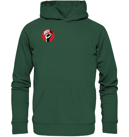 Vegan, Organic & Recycled Hoodie: Antifa - Gemeinsam gegen Rechts (bedruckt mit stilisierter Faust und darüber das Wort ANTIFA in fetter Schrift, alles in schwarz weiß, auf rotem runden Hintergrund, antifa merch, Antifaschistische Kleidung, Kleidung gegen Rechtsextremismus) in grün