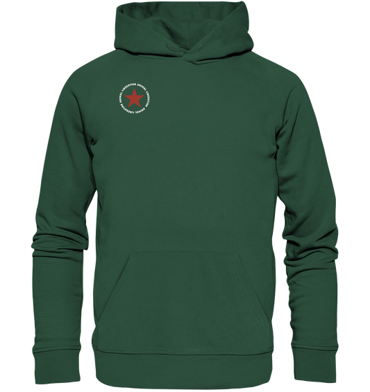 Vegan, Organic & Recycled Hoodie: Red Star with Animal Liberation (bedruckt mit großem roten Stern und Schriftzug darum, Vegan Merch, Veganismus, Animal Rights) in grün