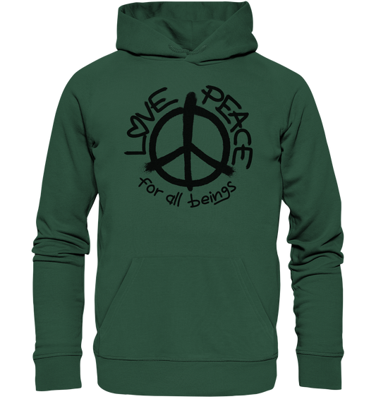 Vegan, Organic & Recycled Hoodie: LOVE and PEACE for all beings (Peace-Zeichen und Schrift darum, Graffiti, Hippie) in grün