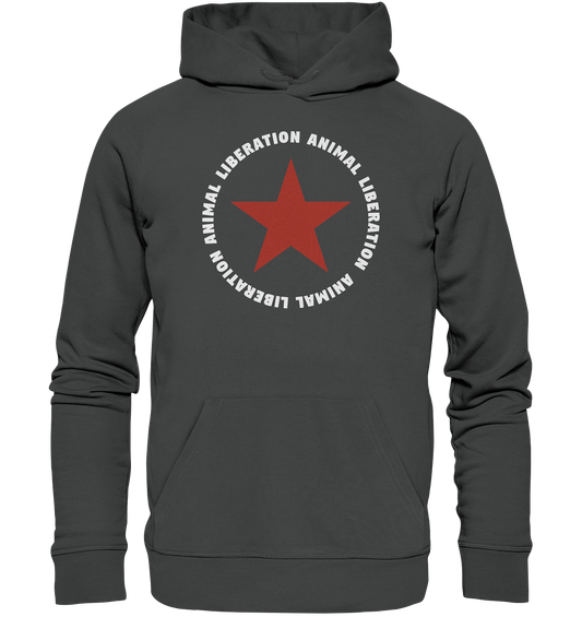 Vegan, Organic & Recycled Hoodie: Red Star and Animal Liberation (bedruckt mit großem roten Stern und Schriftzug darum, Vegan Merch, Veganismus, Animal Rights) in dunkelgrau