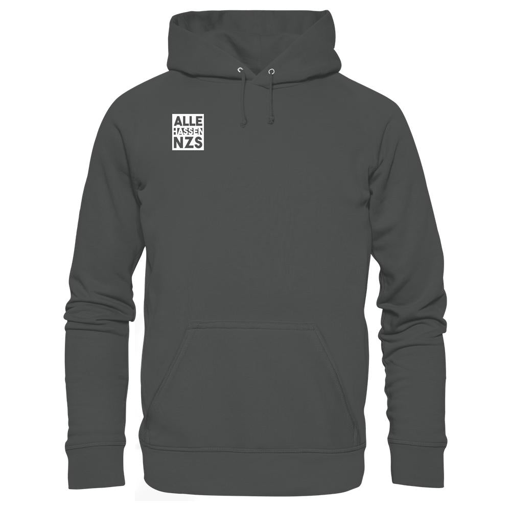 Vegan und Bio Hoodie: ALLE HASSEN NZS! Dunkelgrauer Hoodie mit weißem Grafiktext, Kängurutasche, Kapuze, nachhaltige Materialien, normale Passform.