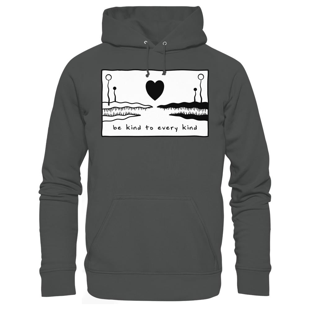 Vegan und Bio Unisex Hoodie mit handgezeichneter Grafik, zeigt organische Formen und den Schriftzug „be kind to every kind“.