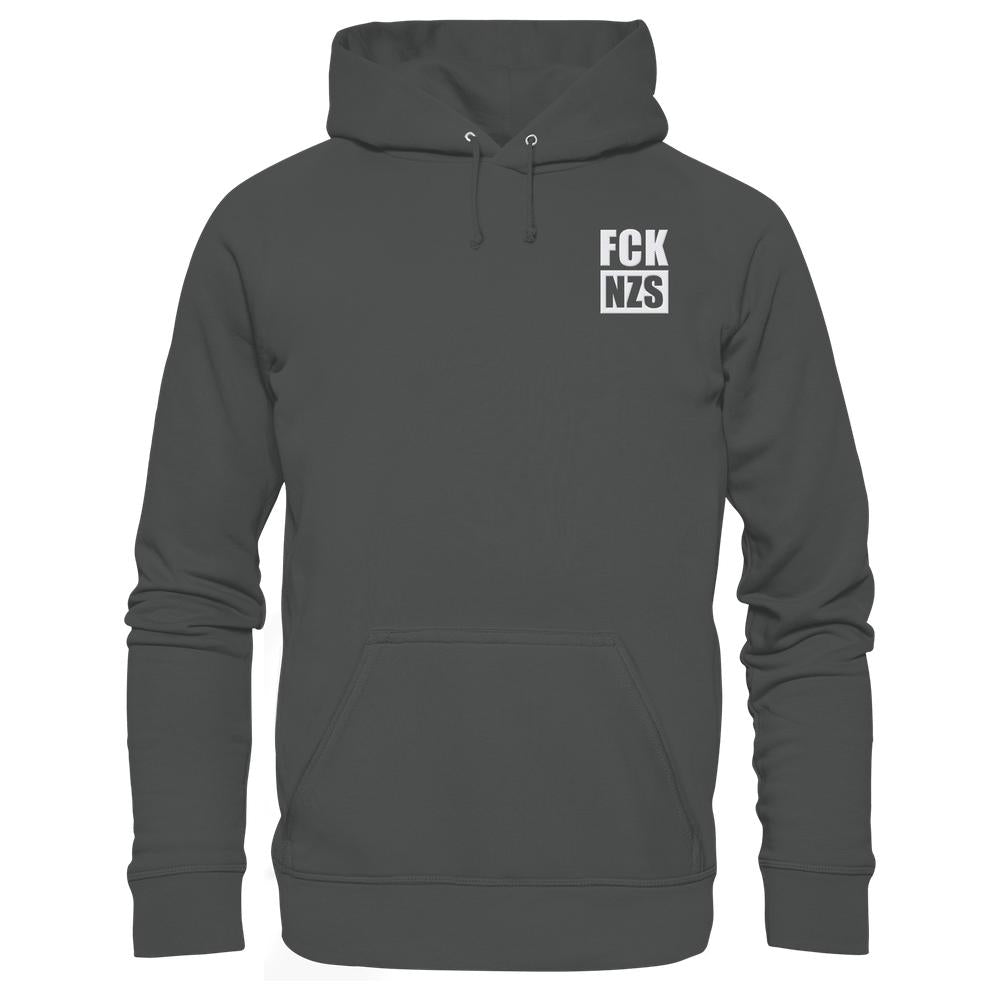 Vegan und Bio Hoodie bestickt: FCK NZS - Dunkelgrauer Hoodie mit Kapuze, Kängurutasche und linker Bruststickerei, aus Bio-Baumwolle und recyceltem Polyester.