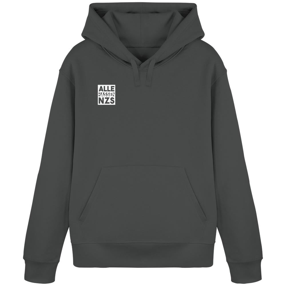 Charcoal-grauer Hoodie mit ALLE HASSEN NZS!-Grafik, Kängurutasche, Zugkordeln, Bio-Baumwolle und recyceltem Polyester, verkörpert RUDE REBELs vegane, nachhaltige und rebellische Designs.