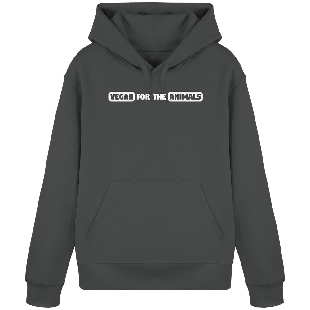 Dunkelgrauer Hoodie mit VEGAN FOR THE ANIMALS-Slogan, Kängurutasche und Kapuze. Bio-Baumwolle und recyceltes Polyester, normale Passform.