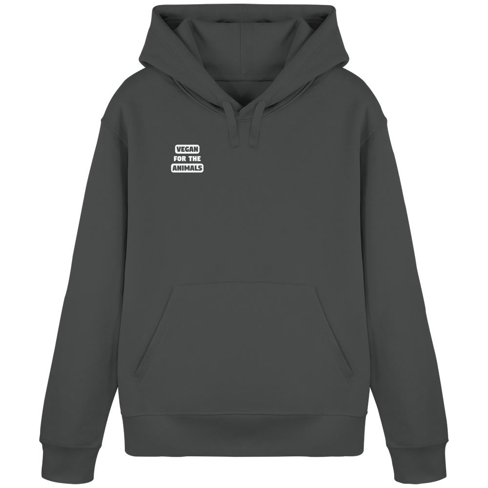 Dunkelgrauer Hoodie mit Kängurutasche, Kapuze und Slogan VEGAN FOR THE ANIMALS auf der Brust, aus Bio-Baumwolle und recyceltem Polyester.