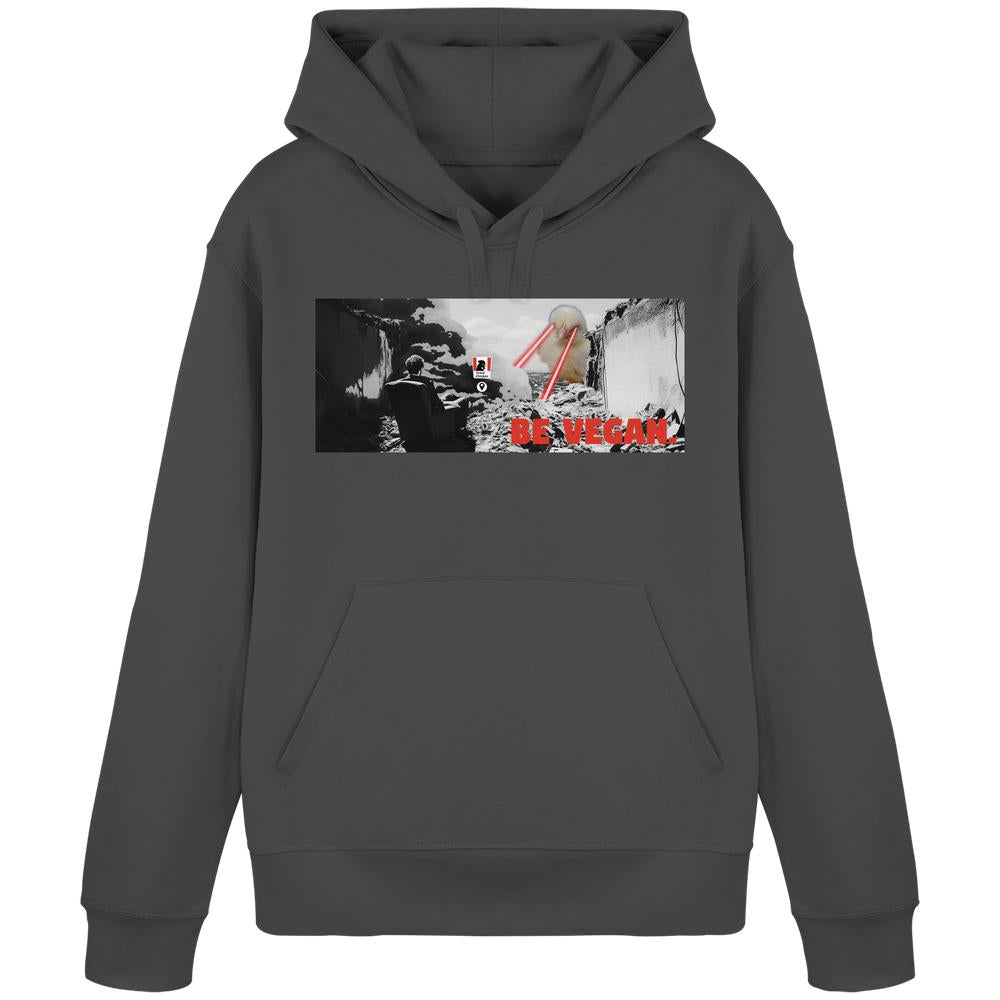 Dunkelgrauer Pullover Hoodie mit post-apokalyptischem Druck BE VEGAN!. Materialmix aus Bio-Baumwolle und recyceltem Polyester, charakteristisch für die vegane, nachhaltige Marke RUDE REBEL.