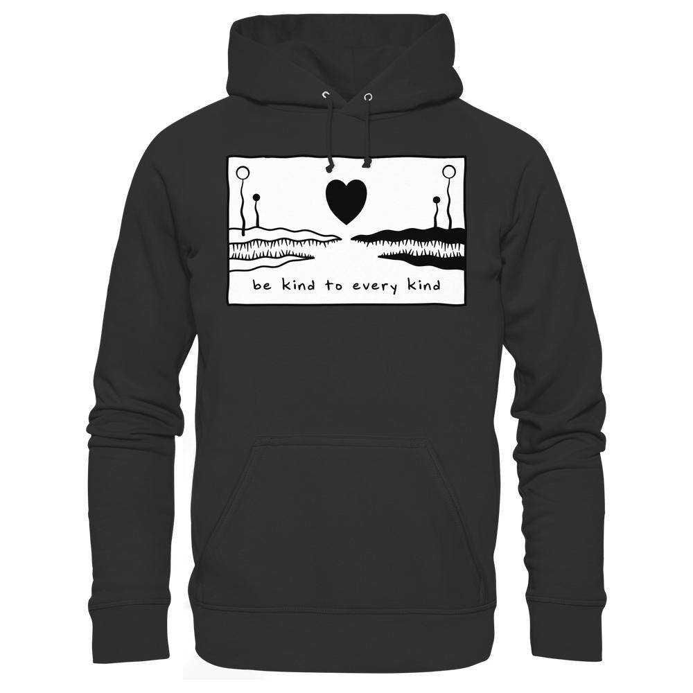 Vegan und Bio Unisex Hoodie mit dem Slogan „be kind to every kind“, abstrakte Landschaften und Herzmotiv auf der Brust, verkörpert vegane und nachhaltige Werte.