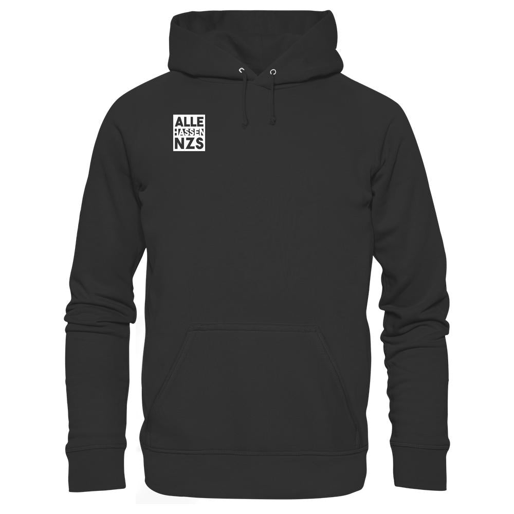 Schwarzer Hoodie mit Kängurutasche und ALLE HASSEN NZS!-Logo, aus Bio-Baumwolle und recyceltem Polyester, von RUDE REBEL.