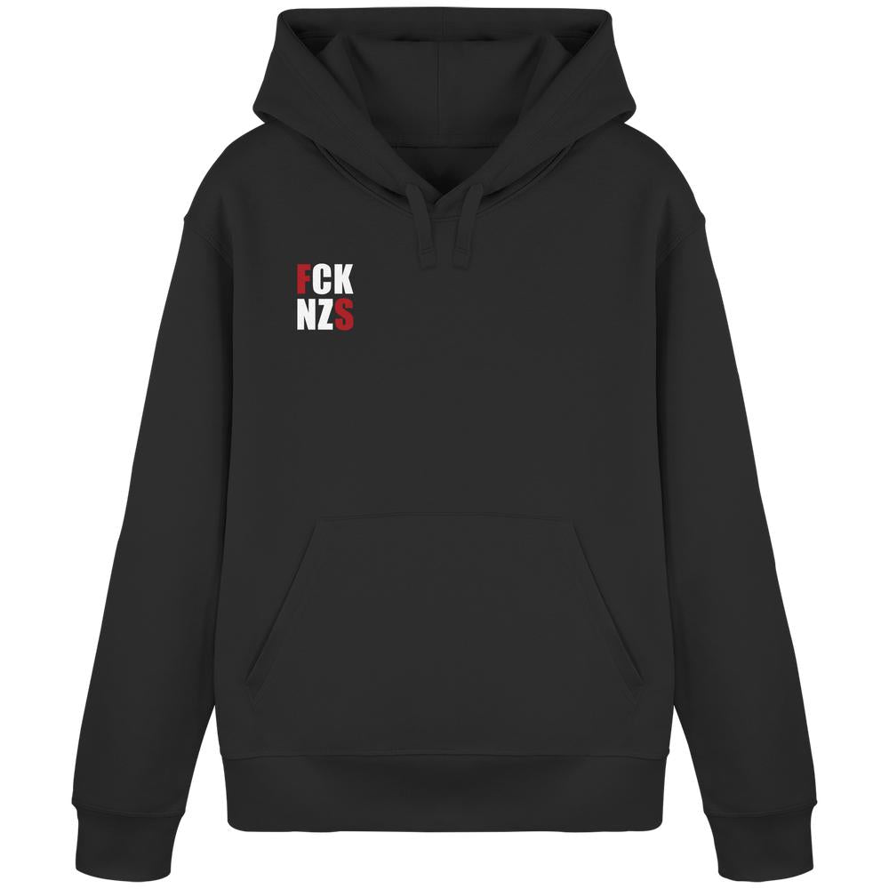 Vegan und Bio Hoodie: FCK NZS mit roten Highlights, schwarzer Pullover mit Kapuze, Kängurutasche, aus Bio-Baumwolle und recyceltem Polyester, rebellisches Design von RUDE REBEL.