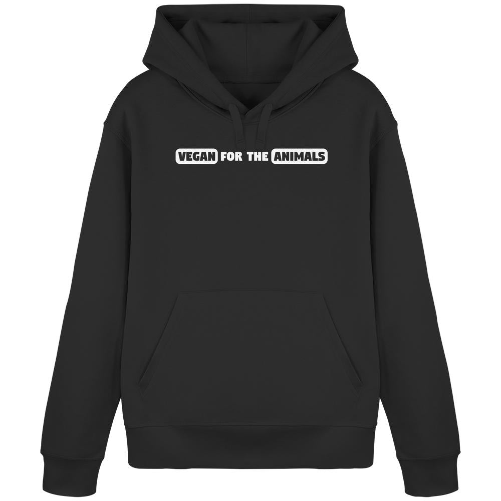 Schwarzer Hoodie mit Kängurutasche und Kapuze. Aufdruck: VEGAN FOR THE ANIMALS in Weiß. Vegane und nachhaltige Edition von RUDE REBEL.