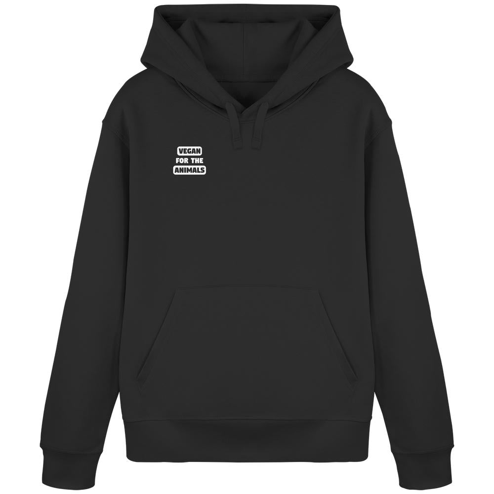 Vegan und Bio Hoodie: VEGAN FOR THE ANIMALS mit Kängurutasche und Kapuze, Frontansicht, aus Bio-Baumwolle und recyceltem Polyester, von RUDE REBEL, rebellisches veganes Design.