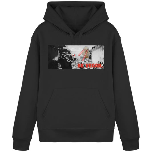 Vegan und Bio Hoodie: BE VEGAN. - Angry bird, schwarzer Hoodie mit post-apokalyptischer Grafik, roter Slogan BE VEGAN, Bio-Baumwolle, recyceltes Polyester, rebellisch, nachhaltig.