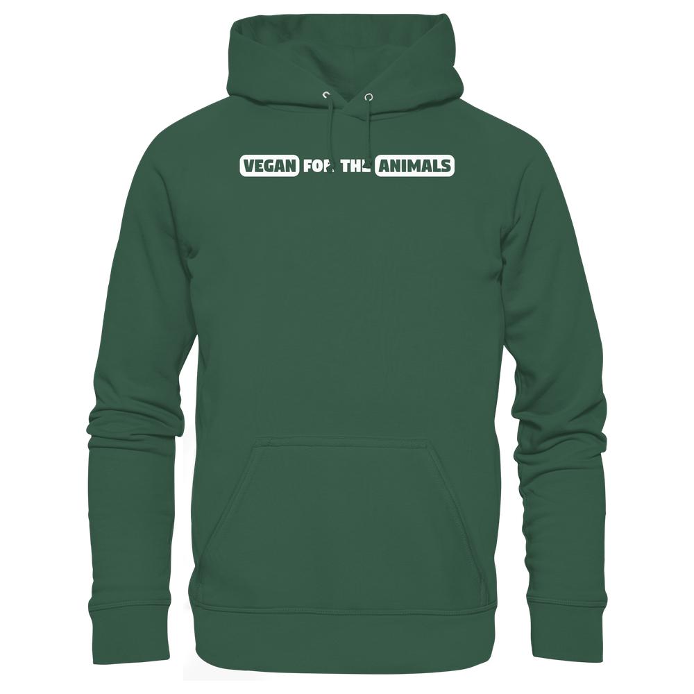 Vegan und Bio Hoodie: VEGAN FOR THE ANIMALS Edition 2 mit Kängurutasche und Kapuze, betont tierfreundliches Statement in weißem Blockschriftzug.