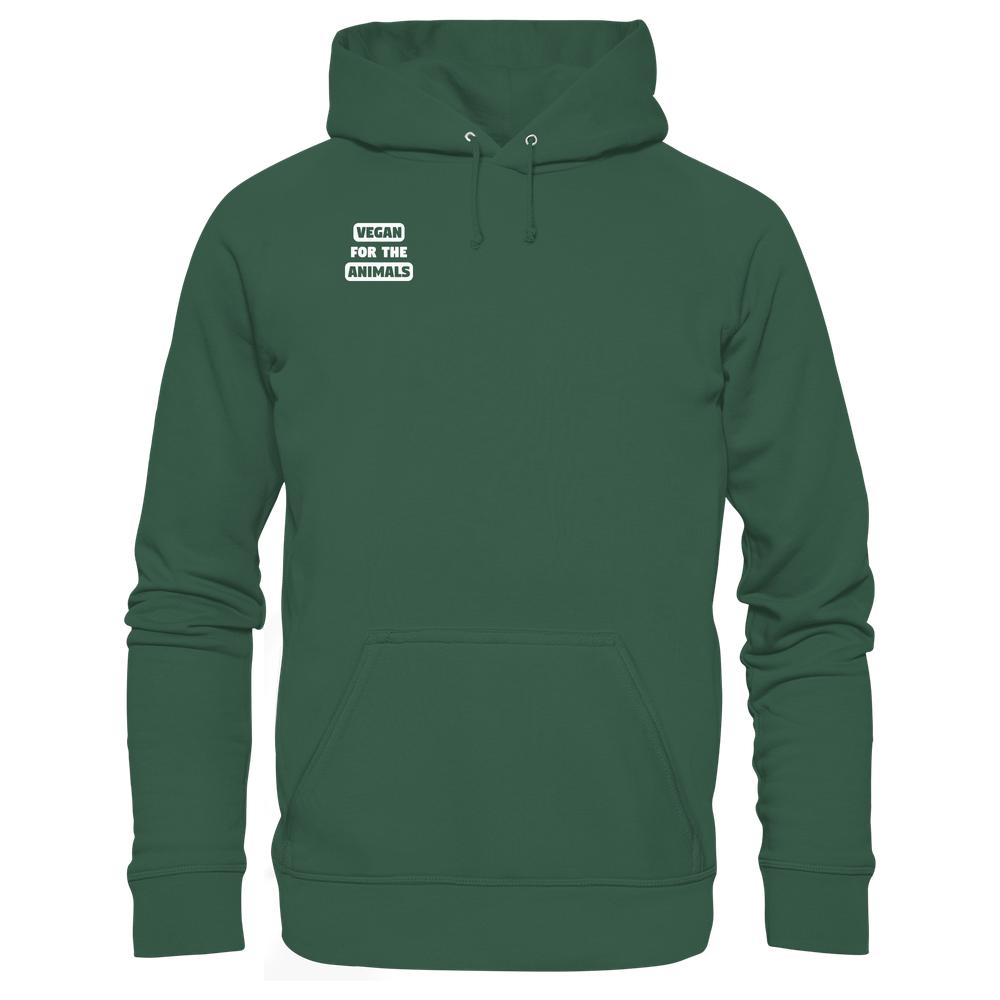 Vegan und Bio Hoodie: VEGAN FOR THE ANIMALS, aus Bio-Baumwolle mit recyceltem Polyester, Kängurutasche, flache Zugkordeln, veganfreundliches Design, rebellische Botschaft auf der Brust.
