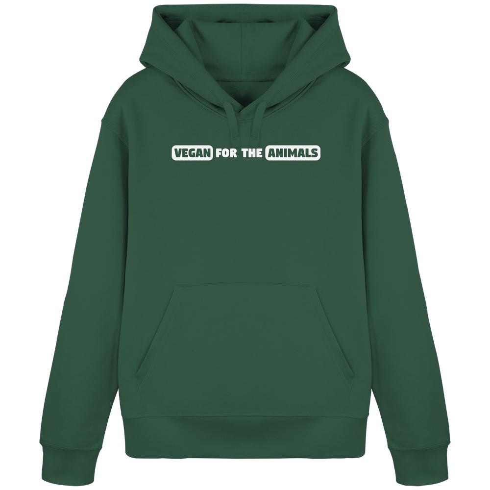 Vegan und Bio Hoodie: VEGAN FOR THE ANIMALS Edition 2, mit Kängurutasche, grüner Kapuze und weißem Slogan, aus Bio-Baumwolle und recyceltem Polyester.