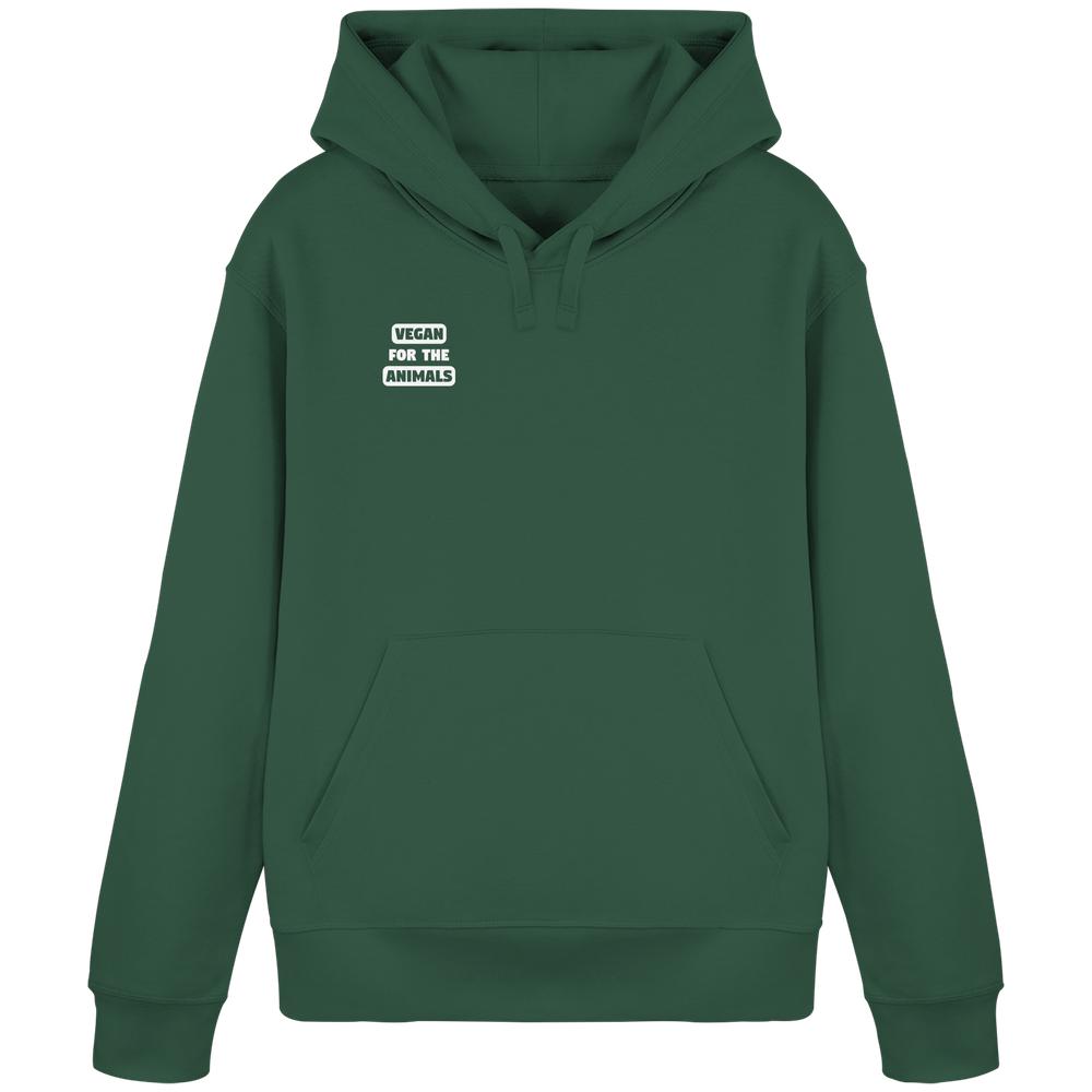 Vegan und Bio Hoodie: VEGAN FOR THE ANIMALS, grün, mit Kängurutasche und Kapuze. Nachhaltig aus Bio-Baumwolle und recyceltem Polyester, normale Passform, rebellisches Design.