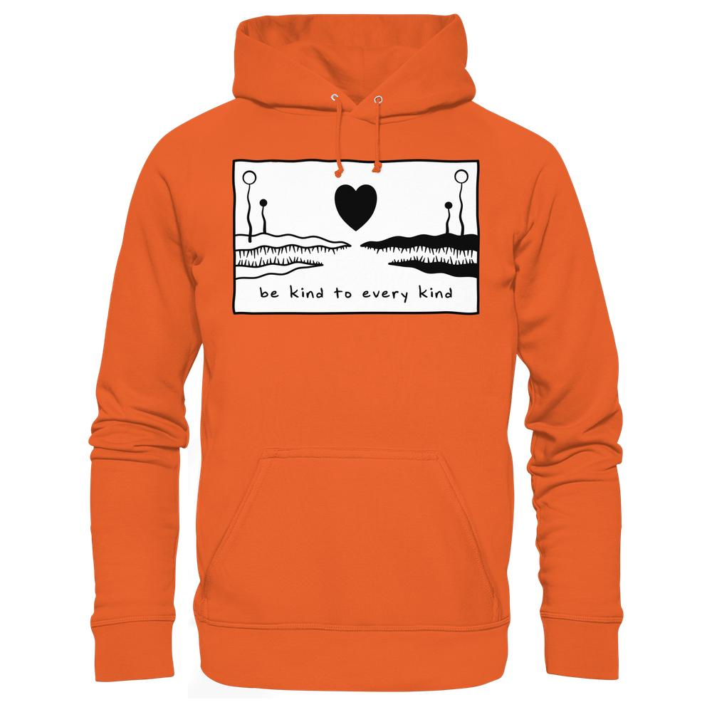 Vegan und Bio Unisex Hoodie mit Grafik „be kind to every kind“, zeigt abstrakte Landschaften und Herz. Aus Bio-Baumwolle und recyceltem Polyester, normale Passform, Flatlock-Nähte.