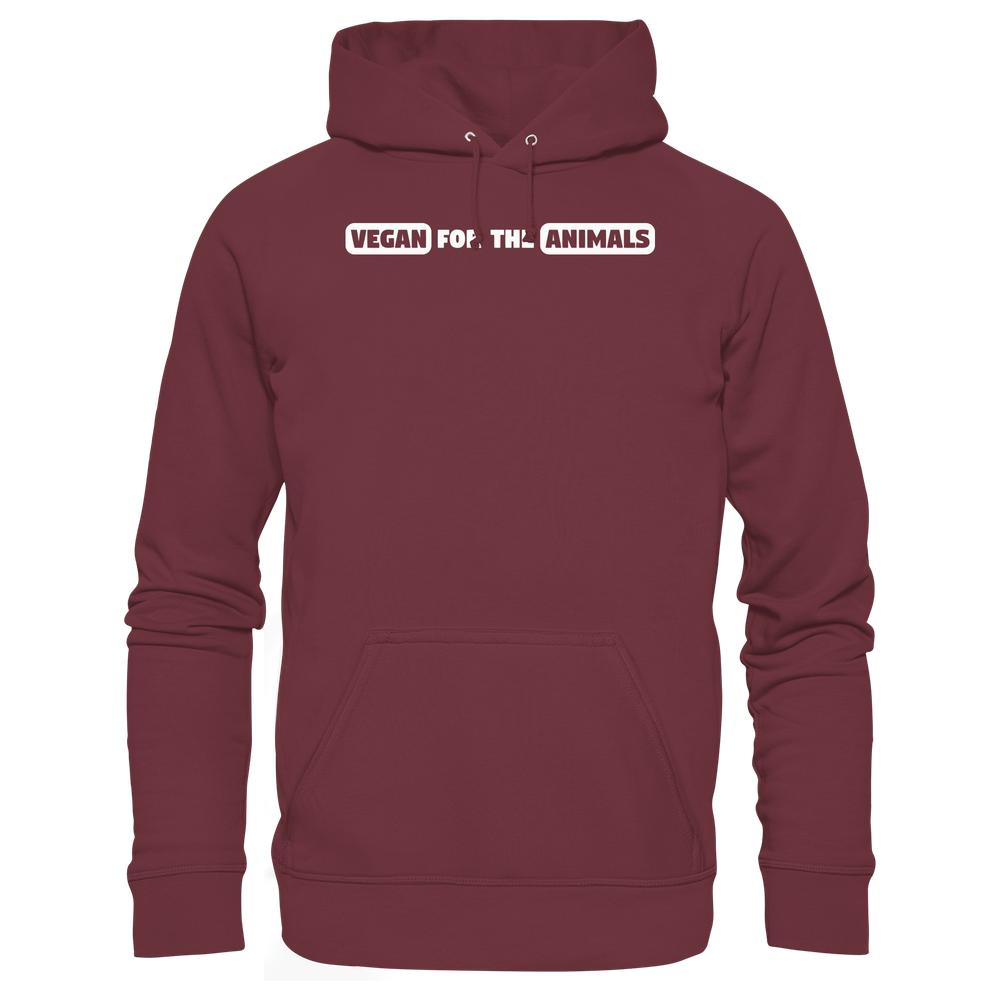Vegan und Bio Hoodie: VEGAN FOR THE ANIMALS Edition 2, Kapuzenpullover mit Fronttasche, weißer Slogan für Tierrechte auf der Brust. Nachhaltige Materialien, normale Passform.