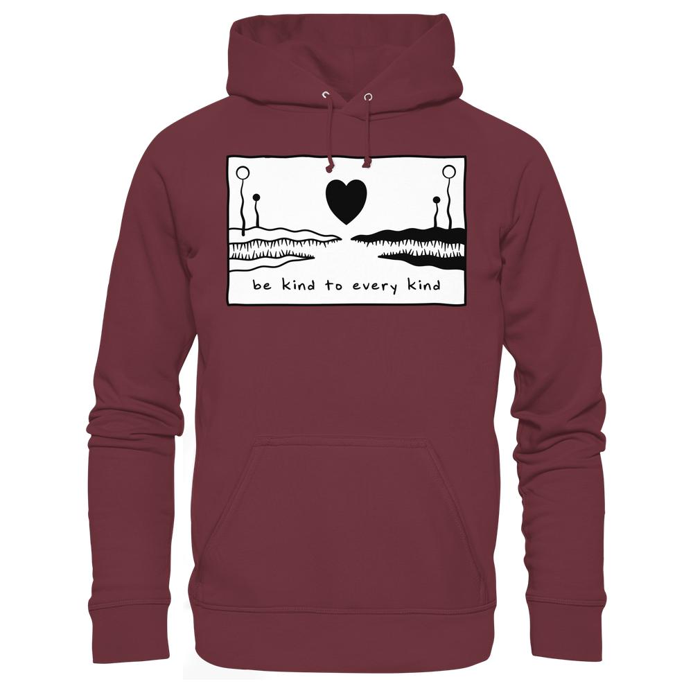 Vegan und Bio Unisex Hoodie: Be kind to every kind mit handgezeichnetem Grafikmotiv und Slogan auf der Brust, Kängurutasche, nachhaltiges Material, ideal für Tier- und Naturschutzliebhaber.