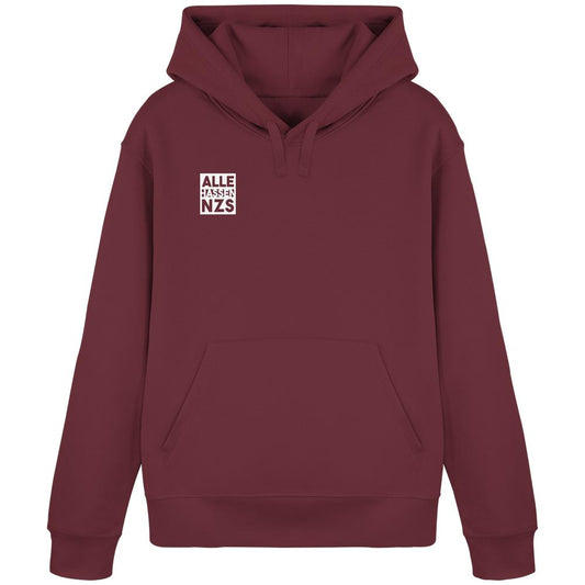 Burgunderfarbenes Hoodie Vegan und Bio Hoodie: ALLE HASSEN NZS! mit Kapuze, Kängurutasche, weißem Grafik-Text auf der Brust, hergestellt aus Bio-Baumwolle und recyceltem Polyester.
