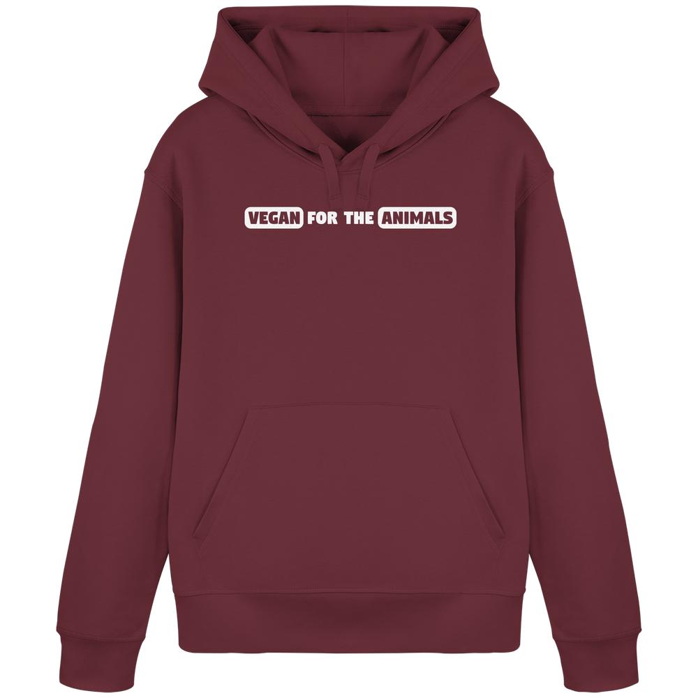 Burgundy Hoodie mit VEGAN FOR THE ANIMALS Slogan, Kapuze und Kängurutasche, von RUDE REBEL. Vegane und nachhaltige Mode aus Bio-Baumwolle und recyceltem Polyester.