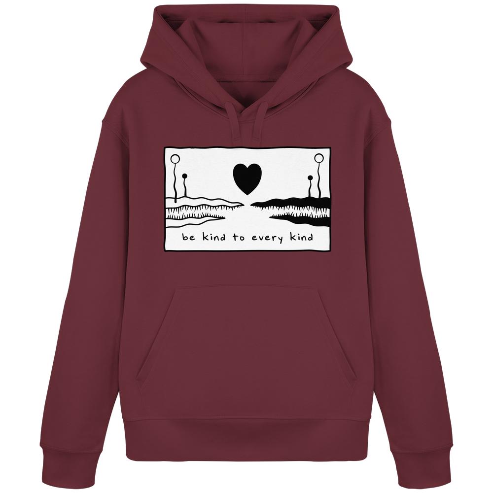 Vegan und Bio Unisex Hoodie: Be kind to every kind, mit abstraktem Grafikmotiv und Slogan, aus Bio-Baumwolle und recyceltem Polyester, rebellisches Design von RUDE REBEL.