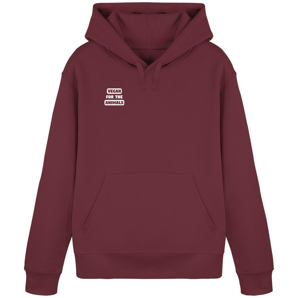 Vegan und Bio Hoodie: VEGAN FOR THE ANIMALS, burgunderfarben, mit Kängurutasche und Kapuze, aus Bio-Baumwolle und recyceltem Polyester, für Tierliebe und Nachhaltigkeit.