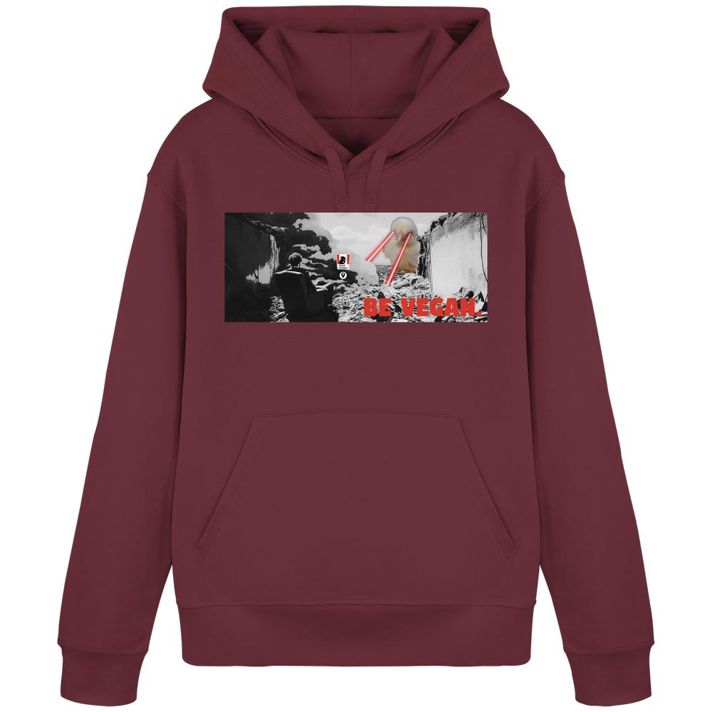 Vegan und Bio Hoodie: BE VEGAN. - Angry bird. Maroon Kapuzenpullover mit dystopischem Druck, BE VEGAN-Text und Vegansymbol. 85% Bio-Baumwolle, 15% recyceltes Polyester.