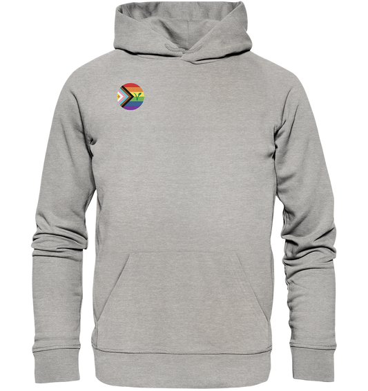 Vegan, Organic & Recycled Hoodie: LGBTQAI+ VEGAN (Queer Fahne in Kreisform und ein V für Veganismus, Solidarität, Veganismus, LGBTQ Community) in grau