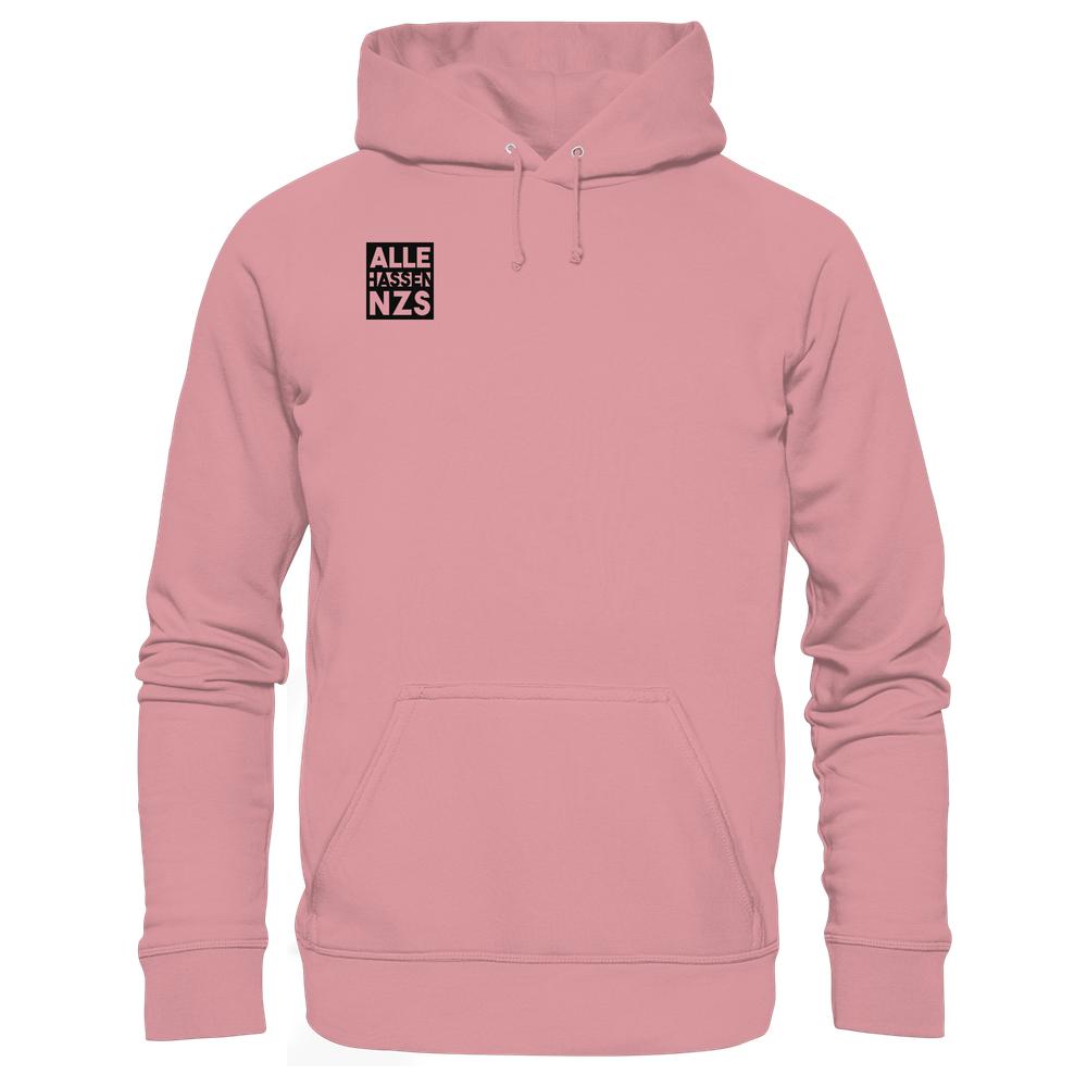 Vegan und Bio Hoodie ALLE HASSEN NZS! mit Kängurutasche und schwarzem Brustaufdruck, hergestellt aus Bio-Baumwolle und recyceltem Polyester.