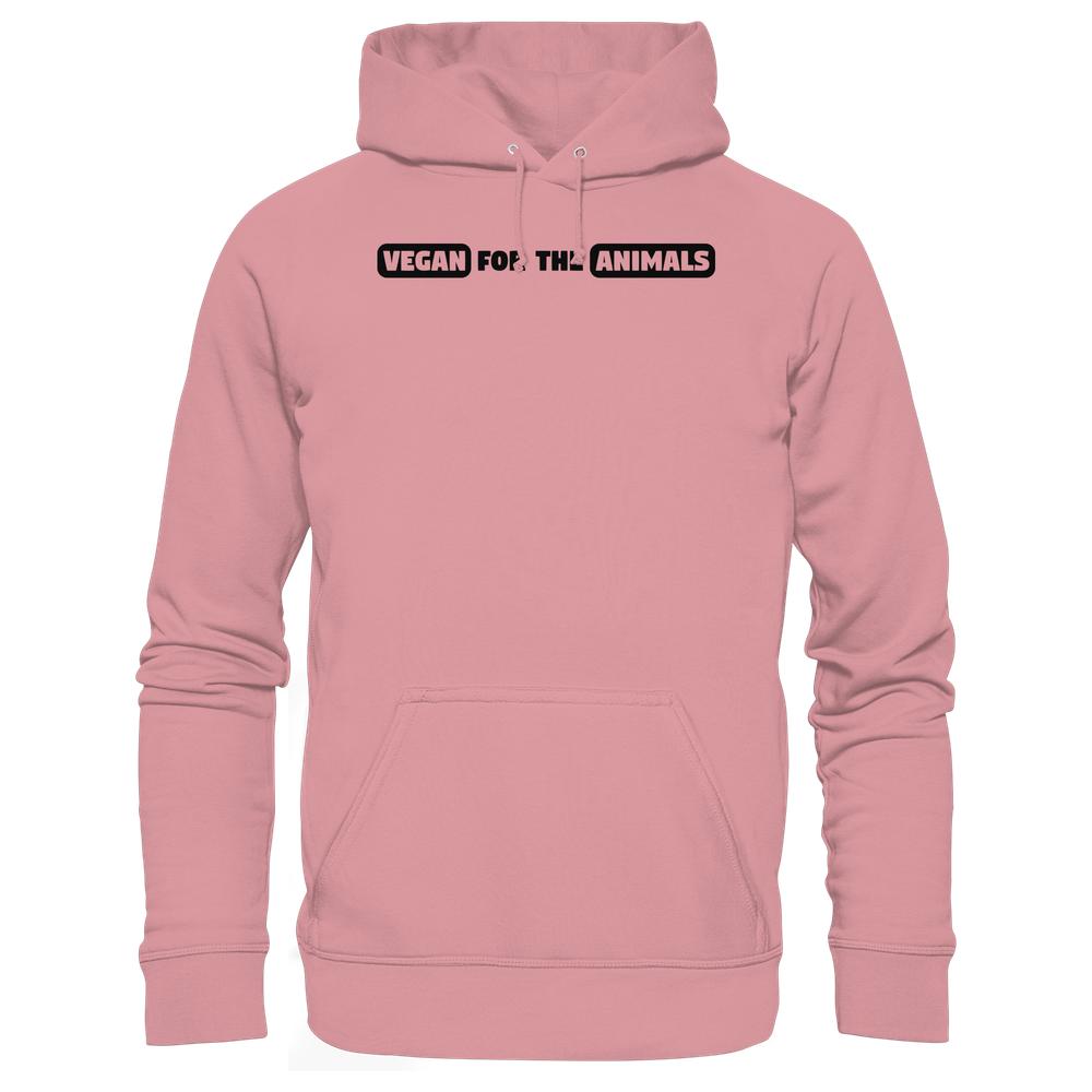 Vegan und Bio Hoodie: VEGAN FOR THE ANIMALS Edition 2, pinker Hoodie mit Kängurutasche und schwarzem, weißem Text, betont tierfreundlichen Veganismus.