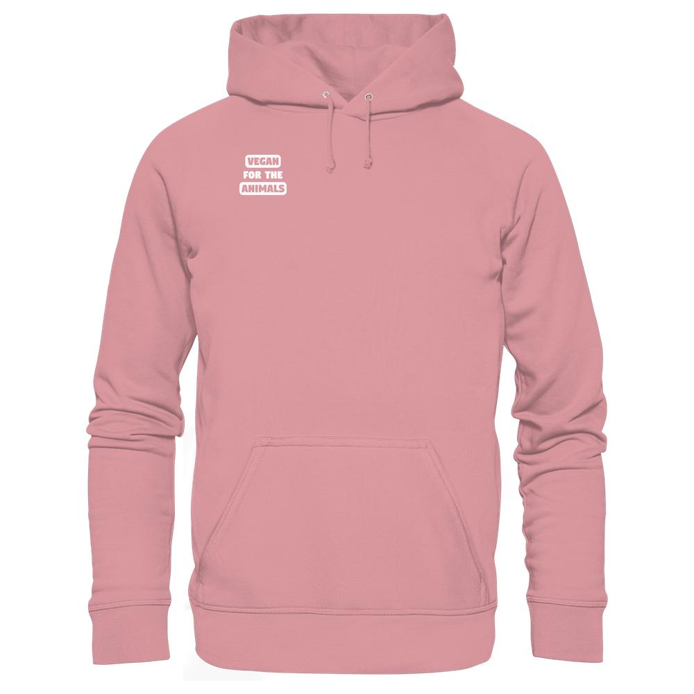 Vegan und Bio Hoodie: VEGAN FOR THE ANIMALS mit Kängurutasche und Kapuze, aus Bio-Baumwolle und recyceltem Polyester, verkörpert tierfreundliche und nachhaltige Mode von RUDE REBEL.