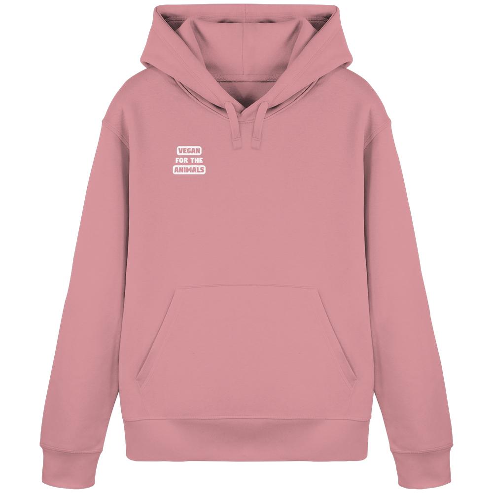 Vegan und Bio Hoodie: VEGAN FOR THE ANIMALS, staubrosa, mit Kängurutasche und Slogan auf der Brust, aus Bio-Baumwolle und recyceltem Polyester, von RUDE REBEL.
