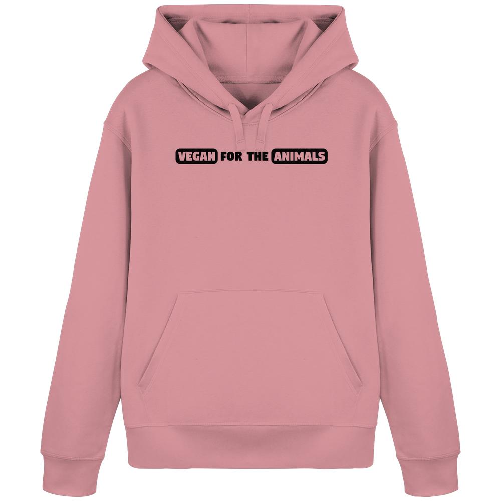 Vegan und Bio Hoodie: VEGAN FOR THE ANIMALS Edition 2, dusty-rose, mit Kängurutasche und Kapuze, verkörpert tierfreundliche Botschaft in schwarzen und weißen Buchstaben.