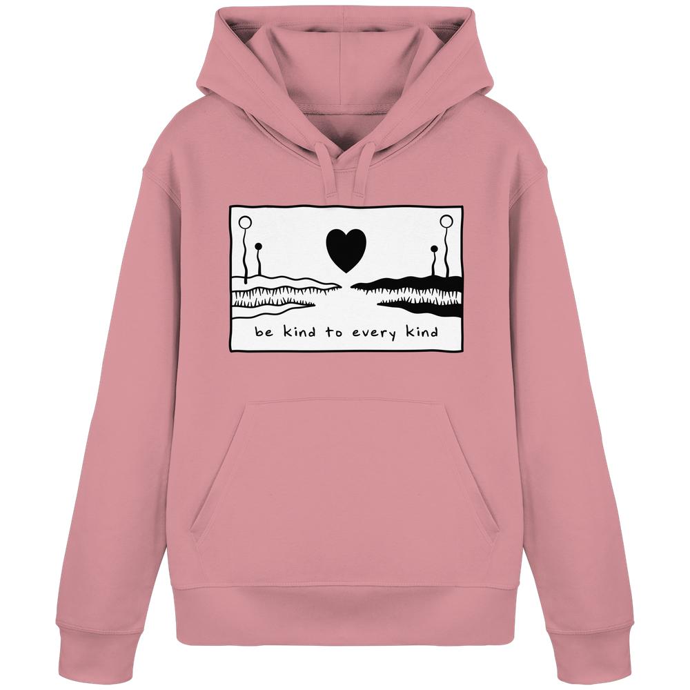 Vegan und Bio Unisex Hoodie mit „be kind to every kind“-Slogan und stilisiertem Herz- und Pflanzenmotiv auf der Brust. Nachhaltig aus Bio-Baumwolle und recyceltem Polyester.