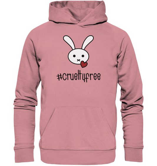 Vegan, Organic & Recycled Hoodie: Crueltyfree Bunny BIG (weißes süßes Häschen und rotes Herz mit Schriftzug, gegen Tierersuche in der Kosmetikindustrie, Vegan für die Tiere, Veganismus) in rosa