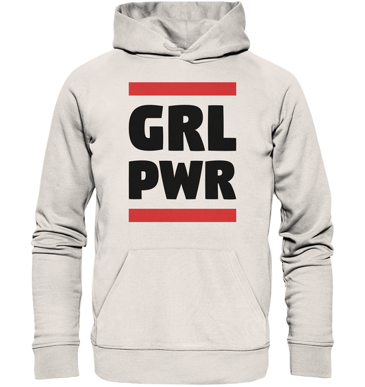 Vegan, Organic & Recycled Hoodie: GIRL POWER - Design mit feministischer Message (bedruckt mit GIRL POWER ohne Vokale und zwei fette Balken, Feminismus Merch, feministische Prints, feministische Kleidung, Gleichberechtigung für Frauen) in altweiß