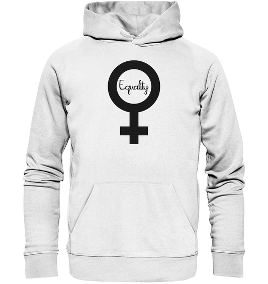 Vegan, Organic & Recycled Hoodie: Feminismus - Der Kampf um Gleichberechtigung (bedruckt mit Weiblichkeitssymbol Venus in der Mitte Schriftzug Equality in Schreibschrift, Feminismus Merch, feministische Kleidung, Matriarchat) in weiß