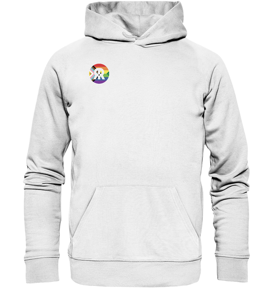 Vegan, Organic & Recycled Hoodie: LGBTQAI+ VEGAN + RUDE REBEL Skull (Queer Fahne in Kreisform und ein V für Veganismus, mit dem Rude Rebel Logo in der Mitte, Solidarität, Veganismus, LGBTQ Community) in weiß 