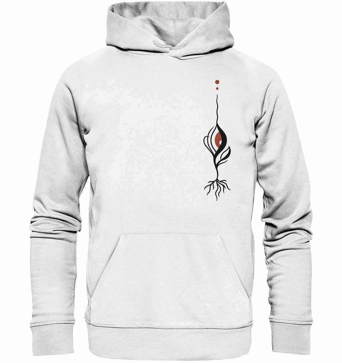 Vegan, Organic & Recycled Hoodie: Minimalist bloody Eye - Plant, weiß, mit rotem Auge-Design, betont nachhaltige Materialien und umweltfreundliche Produktion, inspiriert von Naturschutz und Tierrechten.