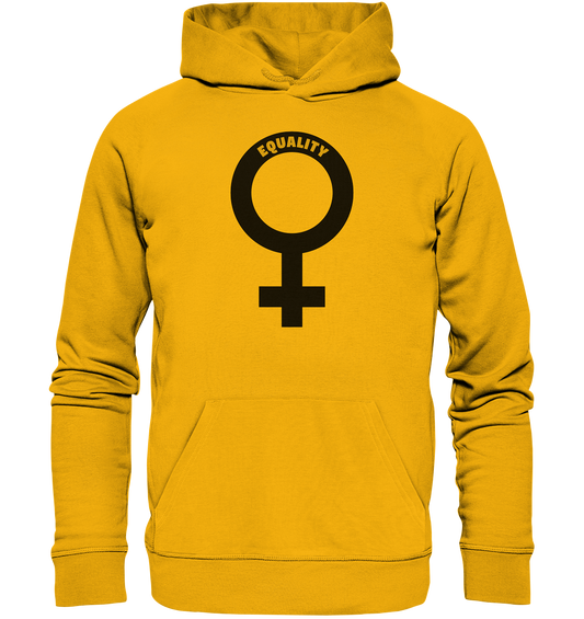 Vegan, Organic & Recycled Hoodie: Das Venussymbol mit feministischer Message (bedruckt mit Venus Symbol und dem Schriftzug "Equality", feministische Shirts, Feminismus, Feminismus Merch, feministische Kleidung, gegen das Patriarchat) in senf