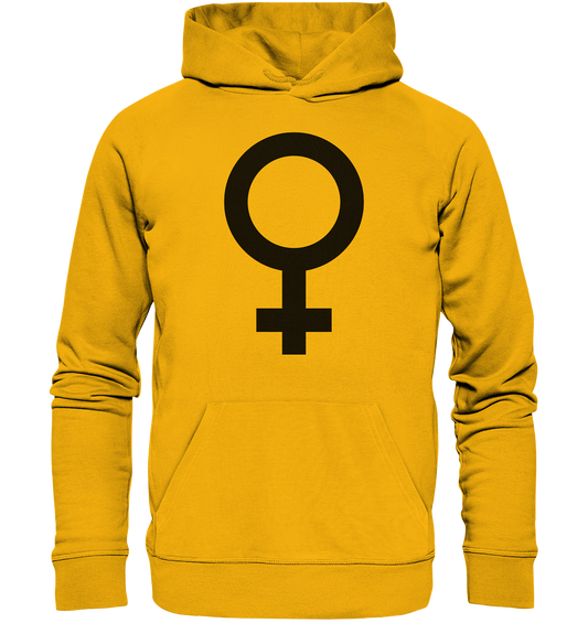 Vegan, Organic & Recycled Hoodie: Das Venus Symbol als Zeichen für den Feminismus (bedruckt mit Weiblichkeitssymbol Venus in der Mitte Feminismus Merch, feministische Kleidung, Matriarchat) in senf