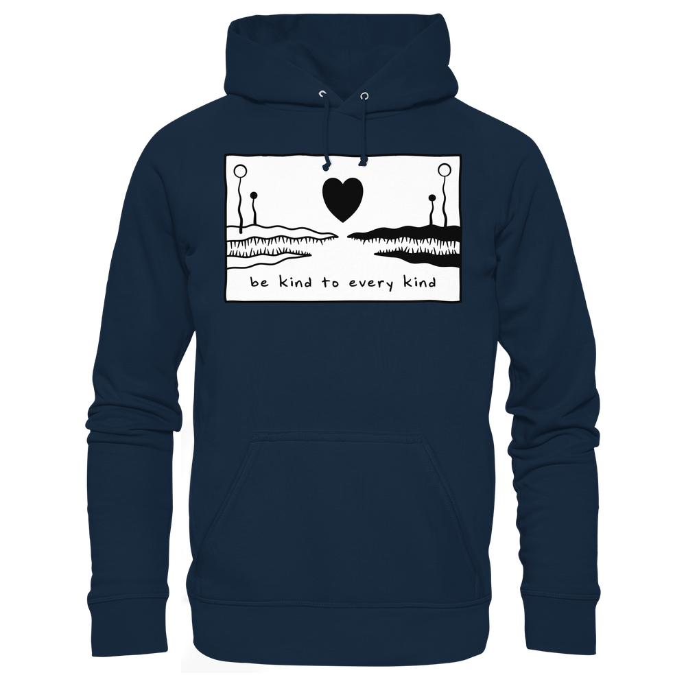 Unisex-Hoodie mit Be kind to every kind-Slogan und minimalistischen Landschaftszeichnungen, hergestellt aus Bio-Baumwolle und recyceltem Polyester, von RUDE REBEL.