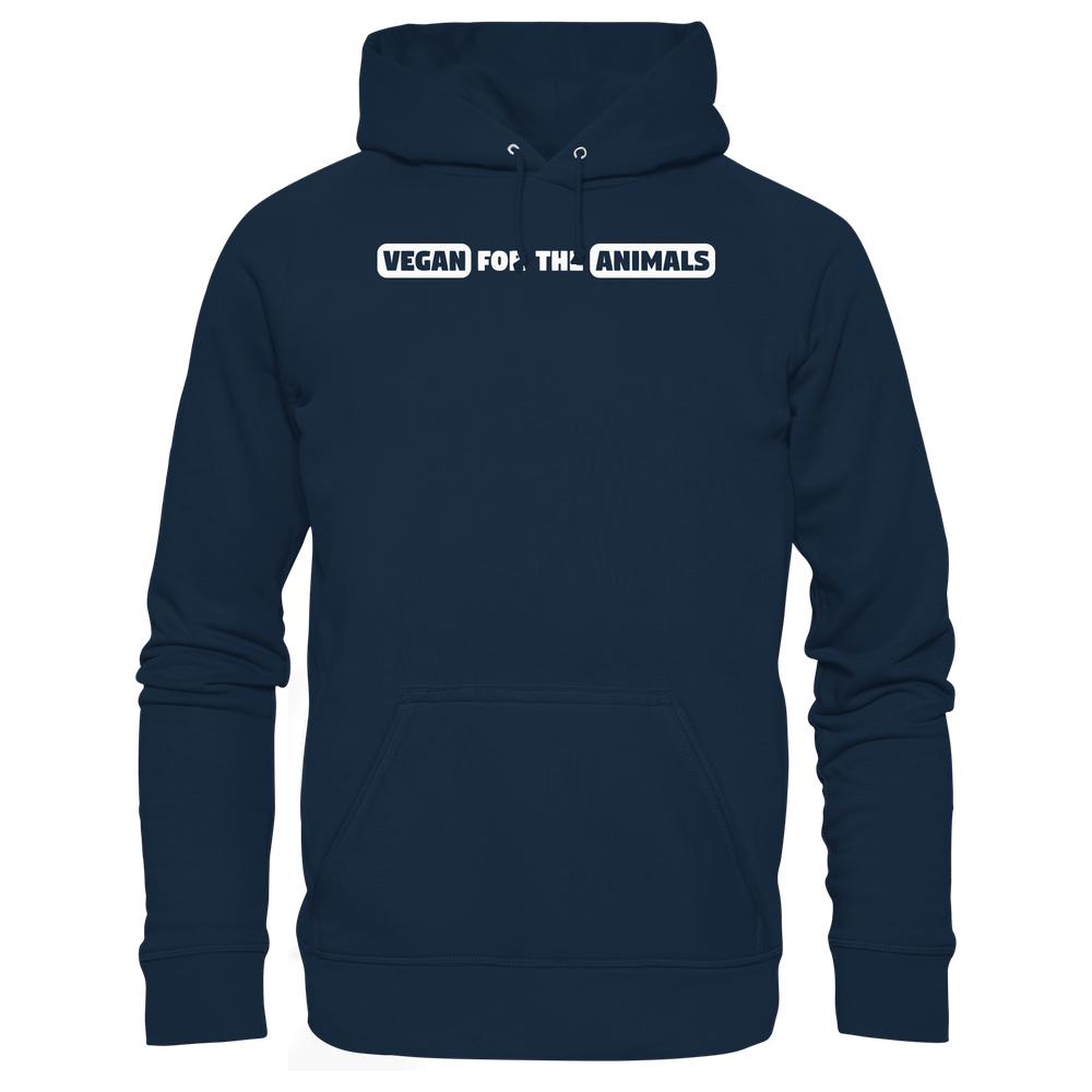 Dunkelblaues Hoodie mit „VEGAN FOR THE ANIMALS“ Aufdruck, Kängurutasche und Kapuze. Hergestellt aus Bio-Baumwolle und recyceltem Polyester.