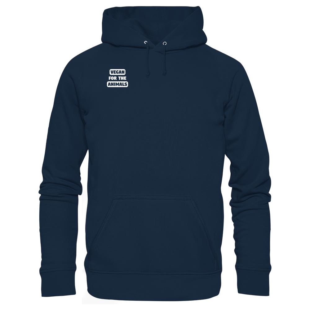 Dunkelblauer Hoodie mit Kängurutasche, Aufdruck VEGAN FOR THE ANIMALS auf der Brust. Aus Bio-Baumwolle und recyceltem Polyester. Normale Passform.