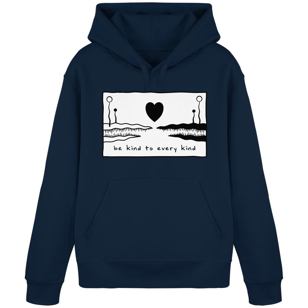 Vegan und Bio Unisex Hoodie: Be kind to every kind mit abstraktem Grafikdesign und Botschaft für Frieden und Liebe. Enthält Kängurutasche und flache Zugkordeln.