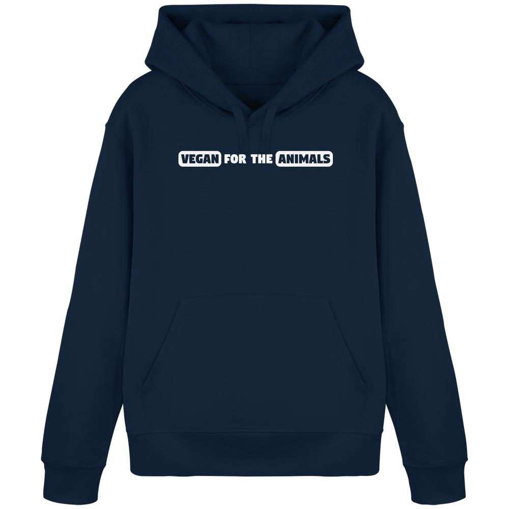 Dunkelblauer Hoodie mit VEGAN FOR THE ANIMALS-Aufdruck, Kängurutasche und verstellbarer Kapuze, aus Bio-Baumwolle und recyceltem Polyester.